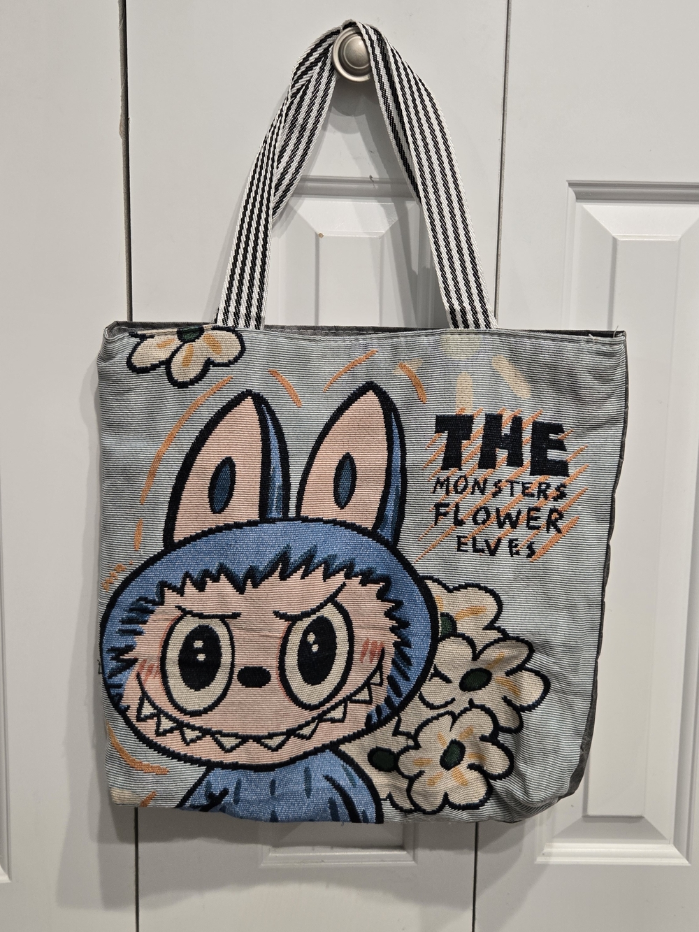 Blue Labubu Floral Tote Bag with Striped Handles